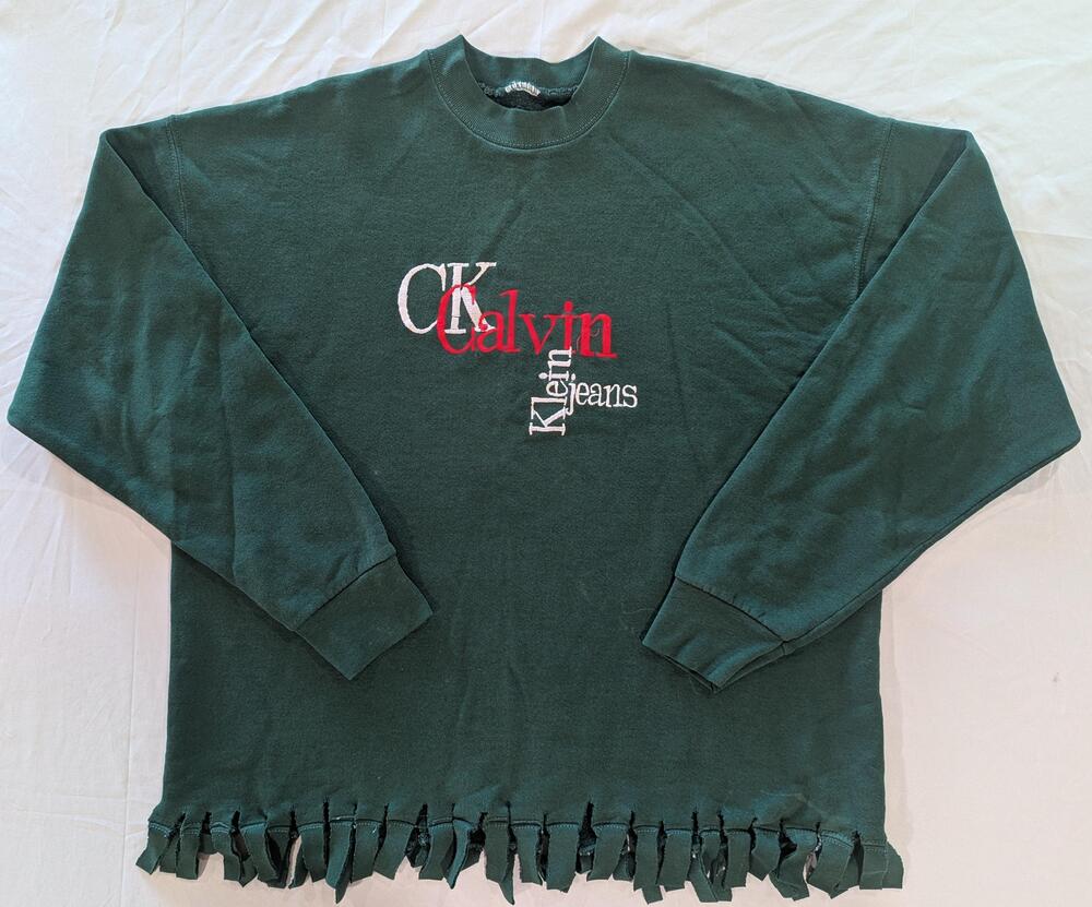 Calvin Klein Jeans Sweatshirt Womens XL Green Fleece Fringe Logo Raglan Pullover